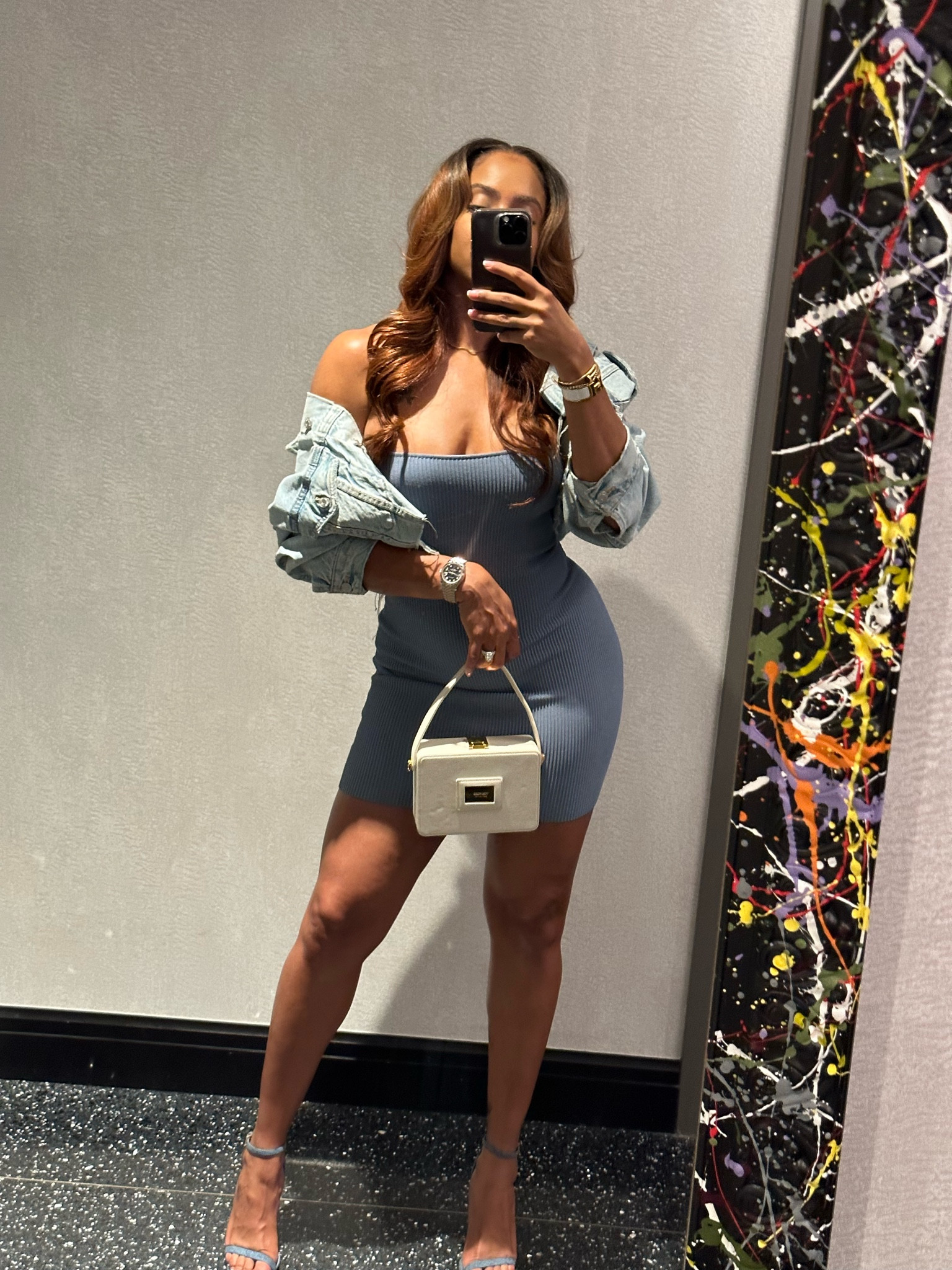 tube dress with denim jacket Denim tube dress & nude shoulder bag