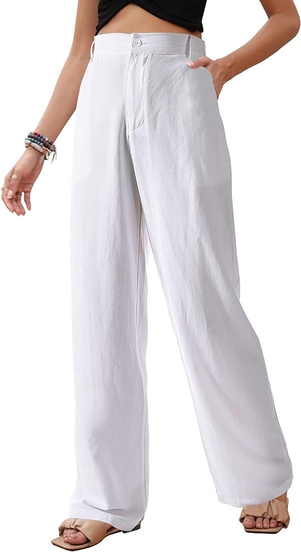 Linen Pants for Women High Waisted Trousers Straight Wide Leg Flowy Pant Casual Button Up Summer ... | Amazon (US)