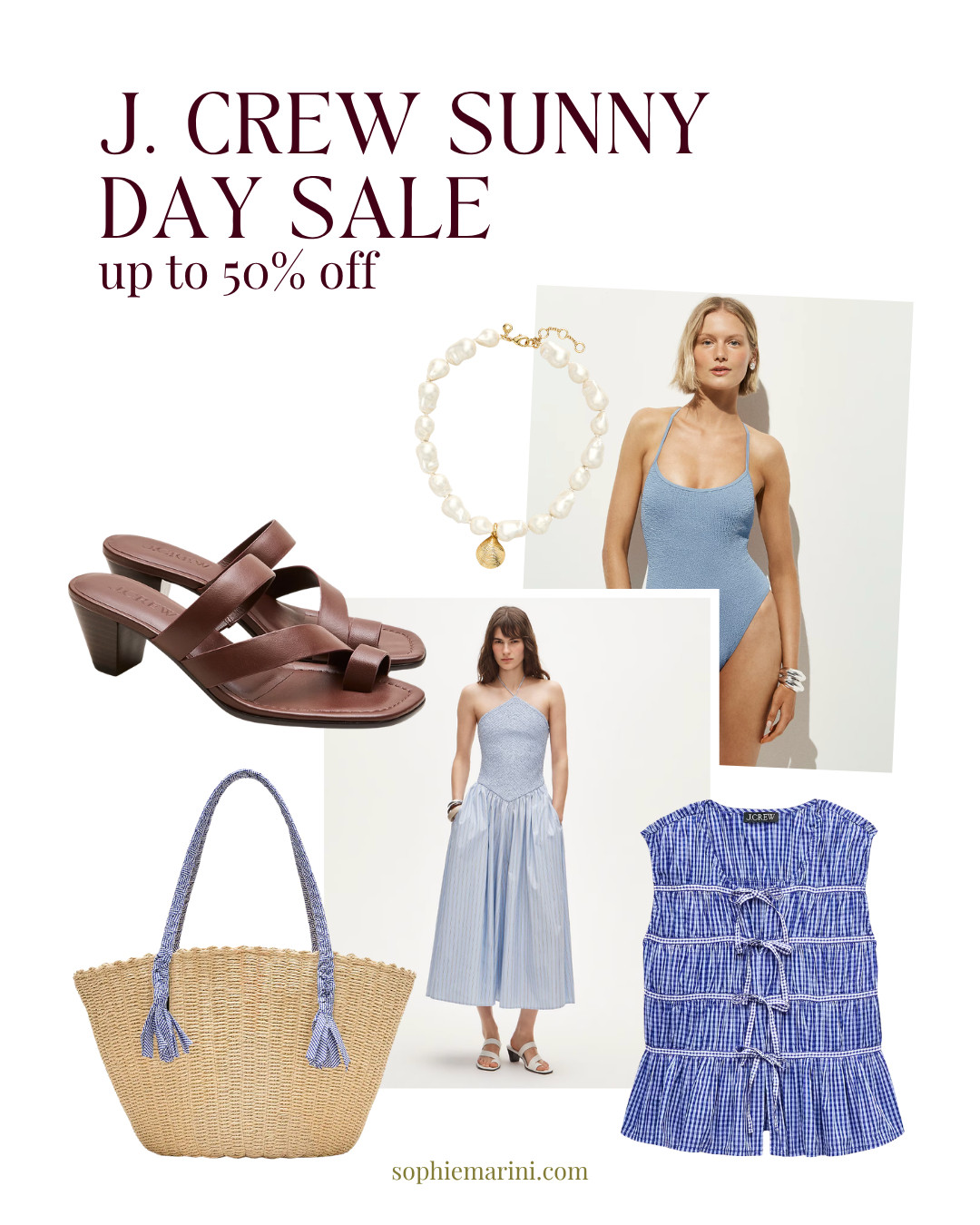 J. Crew sunny day sale. Ummm did you say up to 50% off? Brb filling my cart!! 

[Pearl shell charm necklace, Smocked halter dress, blue gingham tie-front top, handwoven straw tote with gingham handles, scrunchie one-piece swimsuit, Toe-ring kitten-heel] 
 

 