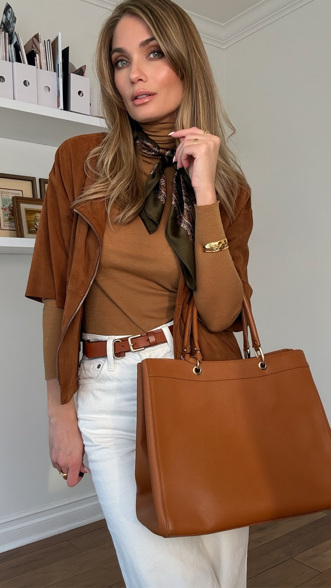 This outfit is a great look for a girls weekday brunch…it feels polished and elevated but the browns and suede elements keep it relaxed. This outfit is also a great example of digging into one’s closet and pulling out loved but forgotten staples. The belt, jacket, top, and bag are all items I got in London well over a decade ago but with updated accessories, feel modern and relevant. Browns and suedes never got out of style!