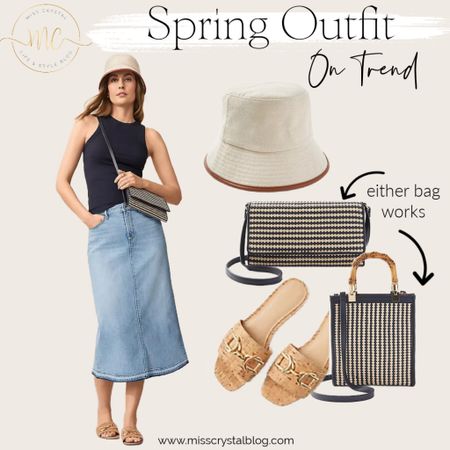 Spring outfit inspiration with on trend denim skirt and bucket hat. Skirt also in petites. Currently on sale $30 off. 

#LTKover40 #LTKfindsunder100 #LTKsalealert