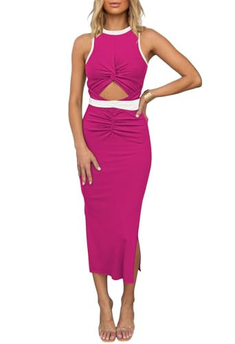 HUUSA Date Night Dresses for Women Cut-Out Body Con Spring Brunch Outfits Colour Contrast Knot Front Honeymoon Sun Dress Rose Red & White M | Amazon (US)