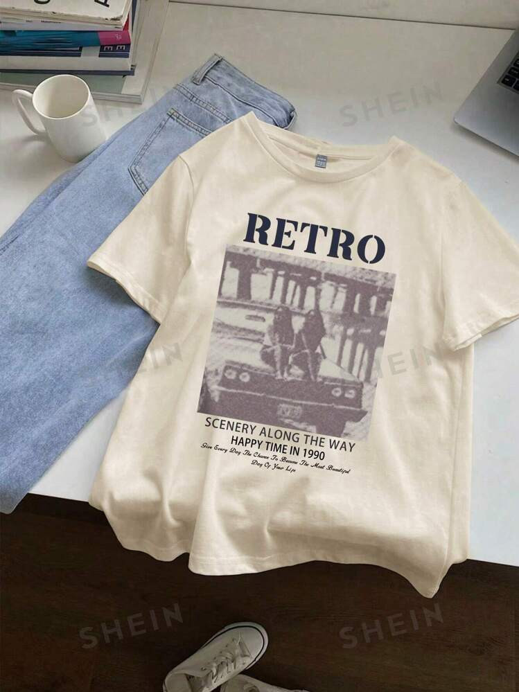 SHEIN EZwear 1990s Retro Style Loose Fit Round Neck Short Sleeve Casual Womens T-Shirt, Summer Pu... | SHEIN