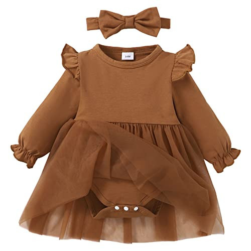 SOBOWO Brown Toddler Girl Dress Baby Girl Outfits Infant Ruffle Long Sleeve Romper Dress Headband Clothes Jumpsuit Tutu Skirt Set Party(12-18 Months, Brown L) | Amazon (US)
