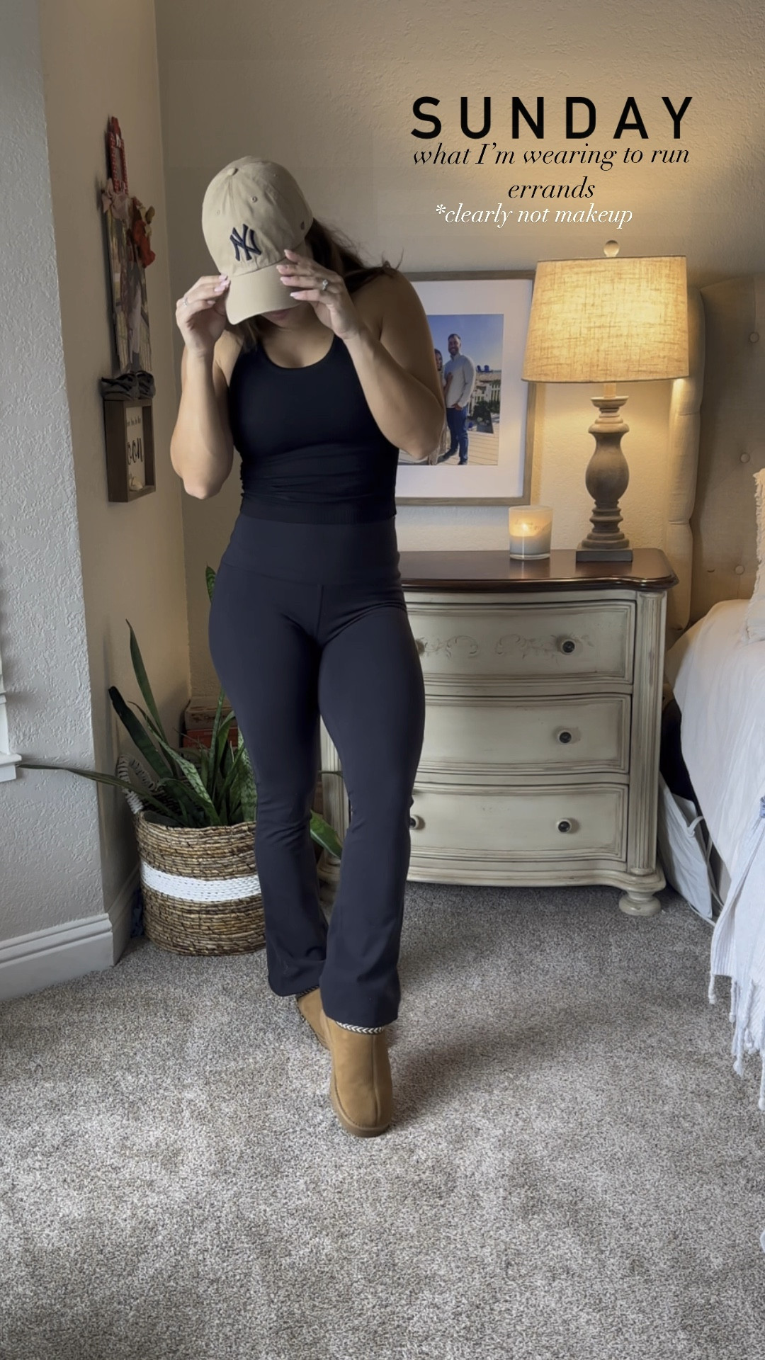 Not an ounce of makeup in sight. Gosh I love a slow Sunday. Not piecing together a cute “outfit” but these are my go tos for running around and feeling put together. This is my favorite #lululemon dupe tank. The quality is 10/10. Classic simple hat to pair with any outfit. These Ugg dupes are amazing!
