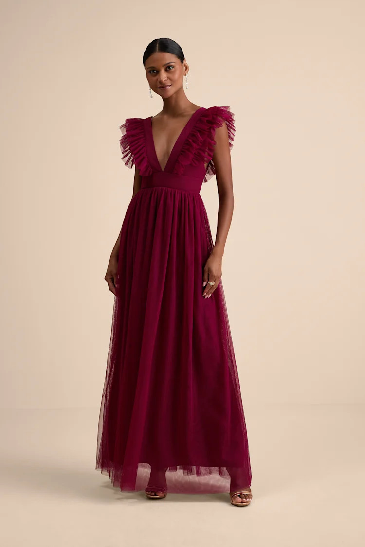 Simply Delighted Burgundy Mesh Ruffled Backless Maxi Dress | Lulus