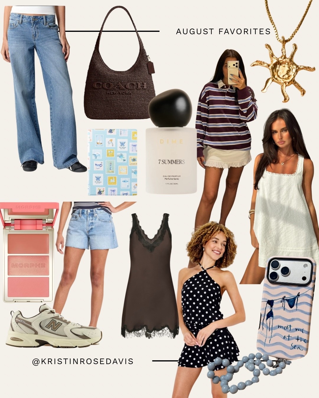 August 2025 Favorites: 
1. New Balance 530 Sneakers 
2. Pacsun Casey Baggy Jeans
3. The Dairy Phone Case (find in my shopmy) 
4. Aritzia Brown Satin and Lace Dress
5. Coach Woven Bag 
6. Sun Vow Jewelry (find in my shopmy) 
7. Morphe Blush - Beach Bonfire 
8. Target Polka Dot Romper 
9. Target Mini Skirt 
10. Target Denim Shorts 
11. Princess Polly Alanah Dress
12. Dime 7 Summers Perfume
13. Stori Cases - Code: WILDONE (linked in my ig bio)

#LTKootd