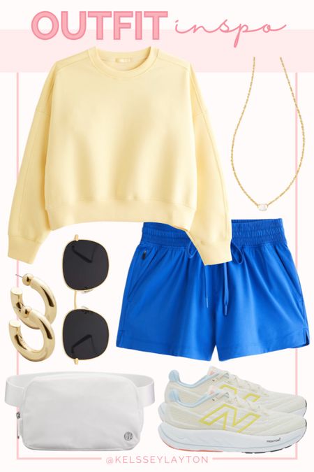 Outfit idea, activewear, athleisure, mom style, Abercrombie, yellow sweatshirt, blue shorts 

#LTKsalealert #LTKActive #LTKfindsunder50