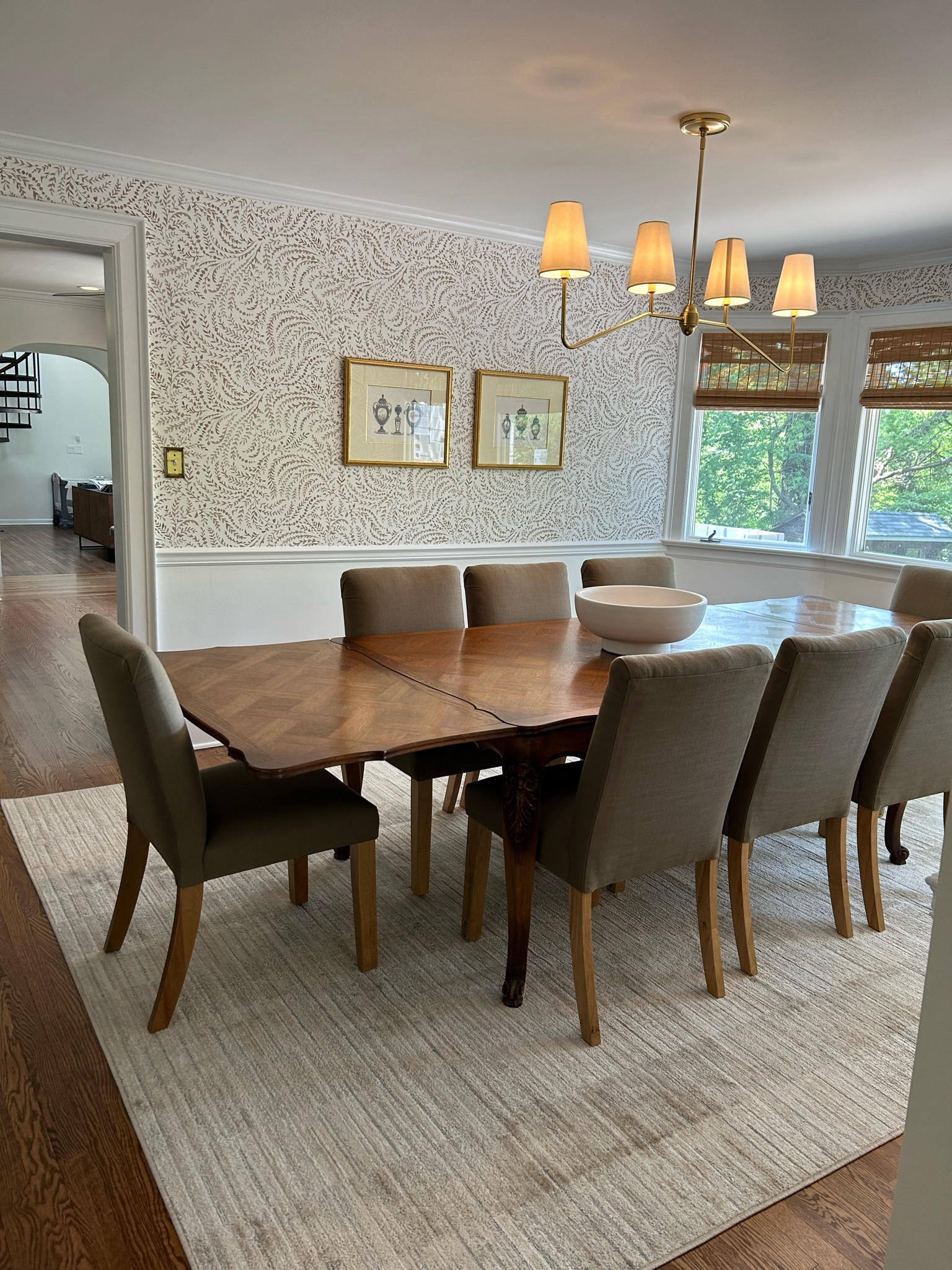 Wallpaper, patterned wallpaper, luxury wallpaper, Serena & Lily wallpaper, coastal decor, neutral decor, home decor, interior designer finds, dining room decor, 4 light chandelier, gold chandelier, dining chairs, upholstered, dining room rug, center piece, large bowl

#LTKhome #LTKfamily #LTKfindsunder100