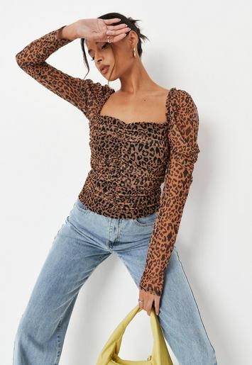 Brown Leopard Mesh Ruched Milkmaid Top | Missguided (UK & IE)
