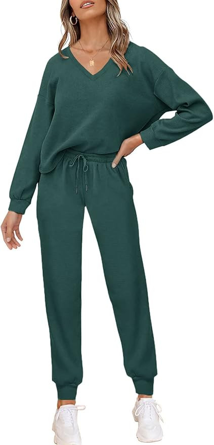 PIIRESO Women's V Neck Waffle Knit 2 Piece Outfits Long Sleeve Top and Pants Loungewear Jogger Se... | Amazon (US)