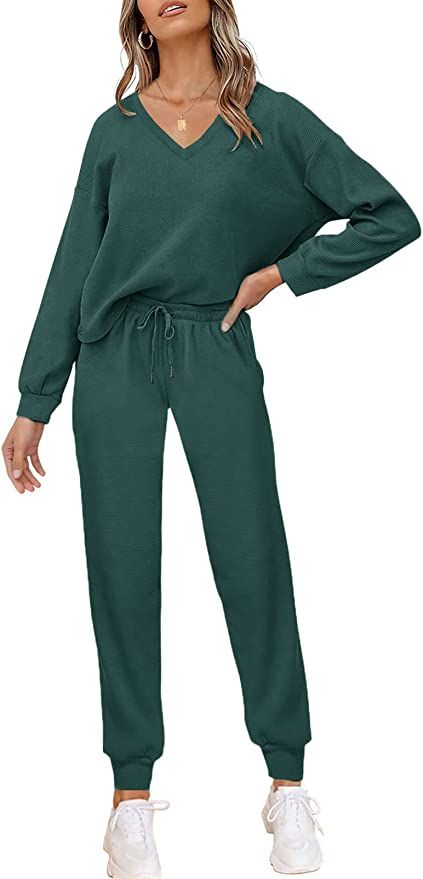 PIIRESO Women's V Neck Waffle Knit 2 Piece Outfits Long Sleeve Top and Pants Loungewear Jogger Se... | Amazon (US)