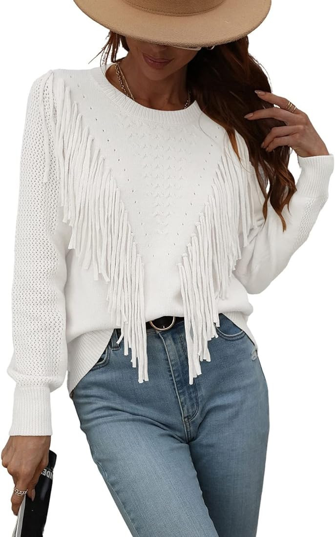 chouyatou Women's Casual Crewneck Fringe Tassel Knitted Pullover Sweater Jumper Tops | Amazon (US)