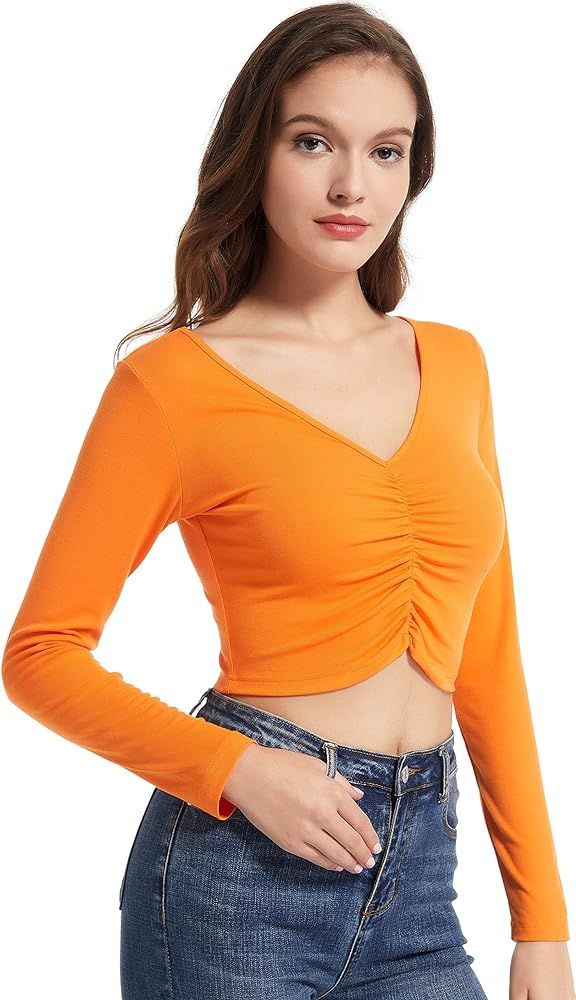 Qzzater Women's Crop Top Long Sleeve V-Neck Ruched Front Slim Fit Ribbed T-Shirt | Amazon (US)