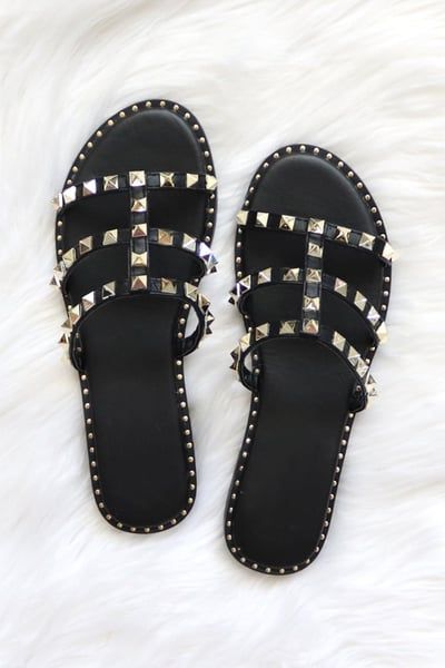 Strappy Studded Sandals with Vertical Strap and Gold Trim-Black | Fashion Junkee