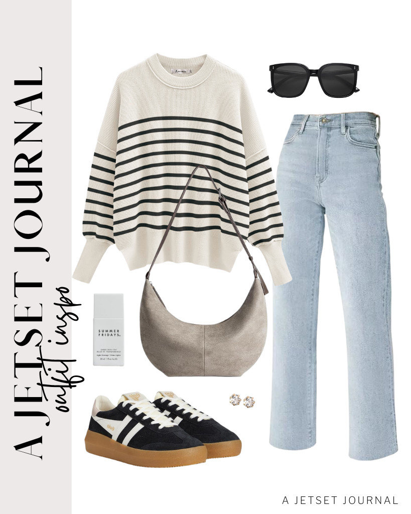 Pair this ZESICA ribbed knit sweater with KDF straight-leg jeans for your first outfit. Then, step into these cozy Gola Athena sneakers and grab a suede crescent crossbody bag. Finish this look with SOJOS sunnies and Summer Fridays Sheer Skin Tint. 

 #LTKSeasonal #LTKSaleAlert #LTKTravel
