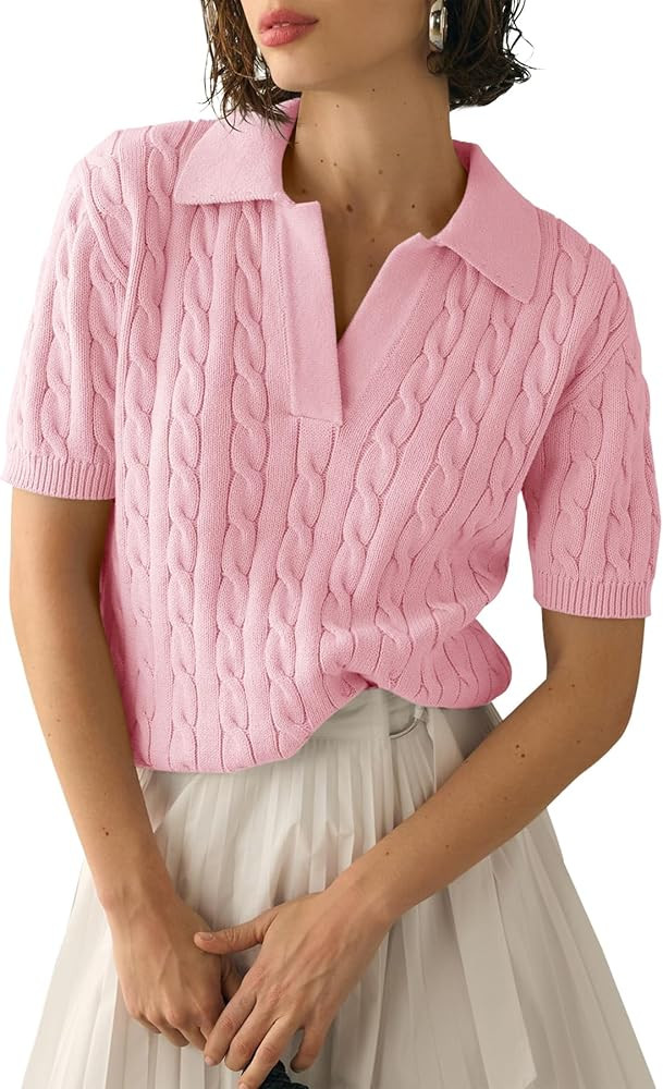Imily Bela Women's Cable Short Sleeve Sweaters Tops Solid Lapel V Neck Knit Casual Soft Pullover ... | Amazon (US)