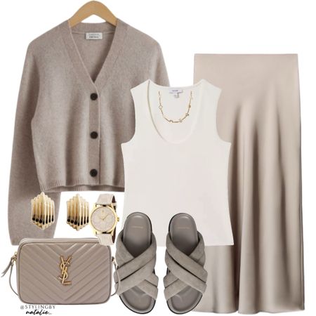 Taupe oversized knit cardigan, satin skirt, scoop neck top, charm necklace, taupe chunky slides, gold earrings and watch.
Work outfit, spring outfit, neutral outfit.

#LTKstyletip #LTKworkwear #LTKmidsize