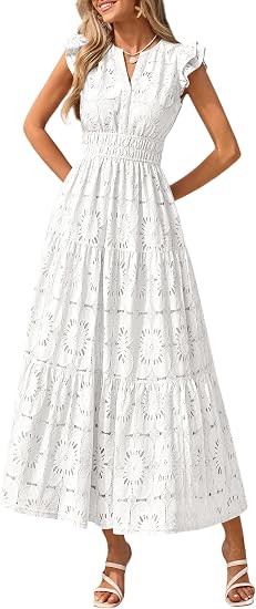 PRETTYGARDEN Womens Boho Maxi Dresses 2026 Summer Floral Lace Eyelet V Neck Spring Wedding Guest ... | Amazon (US)