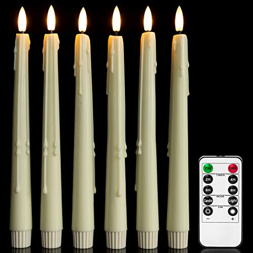 Yongmao Real Wax Flameless Taper Candles with Remote, 9.6 Inches LED Window Candles 3D Wick Flickering Battery Operated Candles, Wax Drip, Set of 6 for Christmas Home Wedding Decor (Ivory) | Amazon (US)