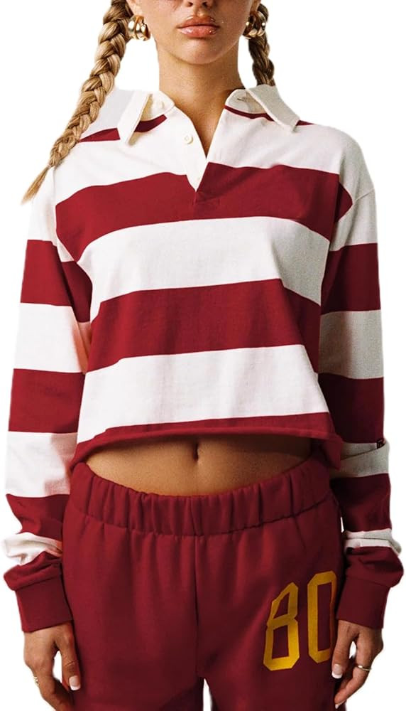 UAURORAO Women Striped Polo Shirts Long Sleeve Cropped Rugby Top Vintage V Neck Color Block Pullo... | Amazon (US)