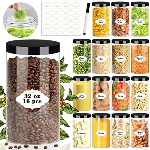 Plastic Jars with Lids, 16 Pcs 32 OZ Large Plastic Storage Jars with Black Leakproof Lids Cylinde... | Amazon (US)