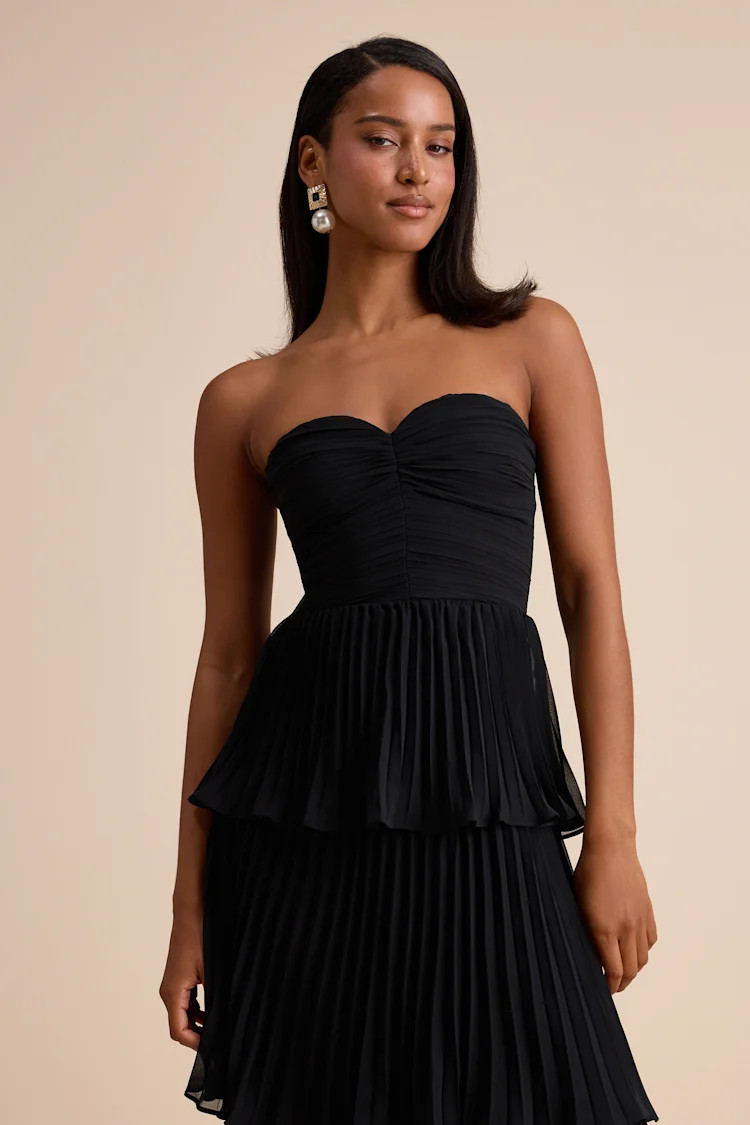 Seriously Sensational Black Strapless Tiered Midi Dress | Lulus
