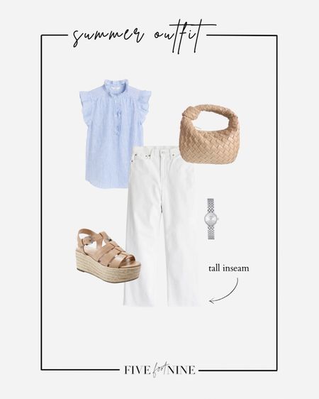 Summer outfit idea, white wide leg jeans, flutter sleeve top, quilted Amazon bag, espadrille wedges 

#LTKworkwear #LTKunder50