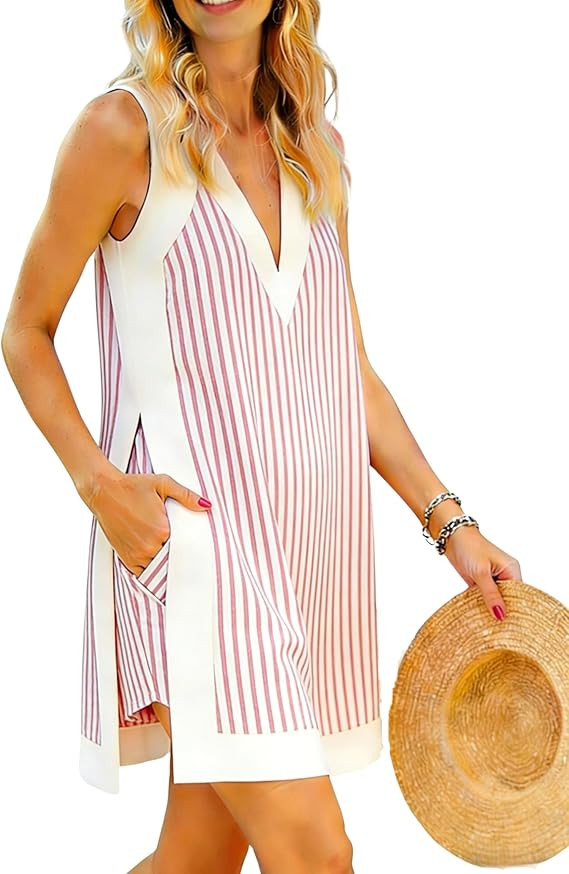 APAFES Women's Striped V Neck Two Piece Sets Tank Top Shorts Set Loose Fit Summer Casual Beach We... | Amazon (US)