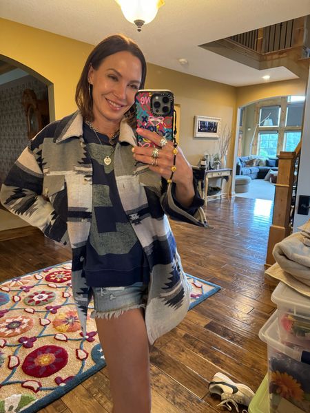 casual cozy outfit of the day! 
This shacket is from flag and anthem (linking similar below!)
sweatshirt is from free people size small
wearing size 25 in shorts 

#LTKStyleTip #LTKFindsUnder100 #LTKFindsUnder50