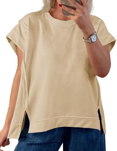 Tankaneo Womens Oversized Short Cap Sleeve T-Shirts Crew Neck Side Slit Tops Summer Casual Loose ... | Amazon (US)