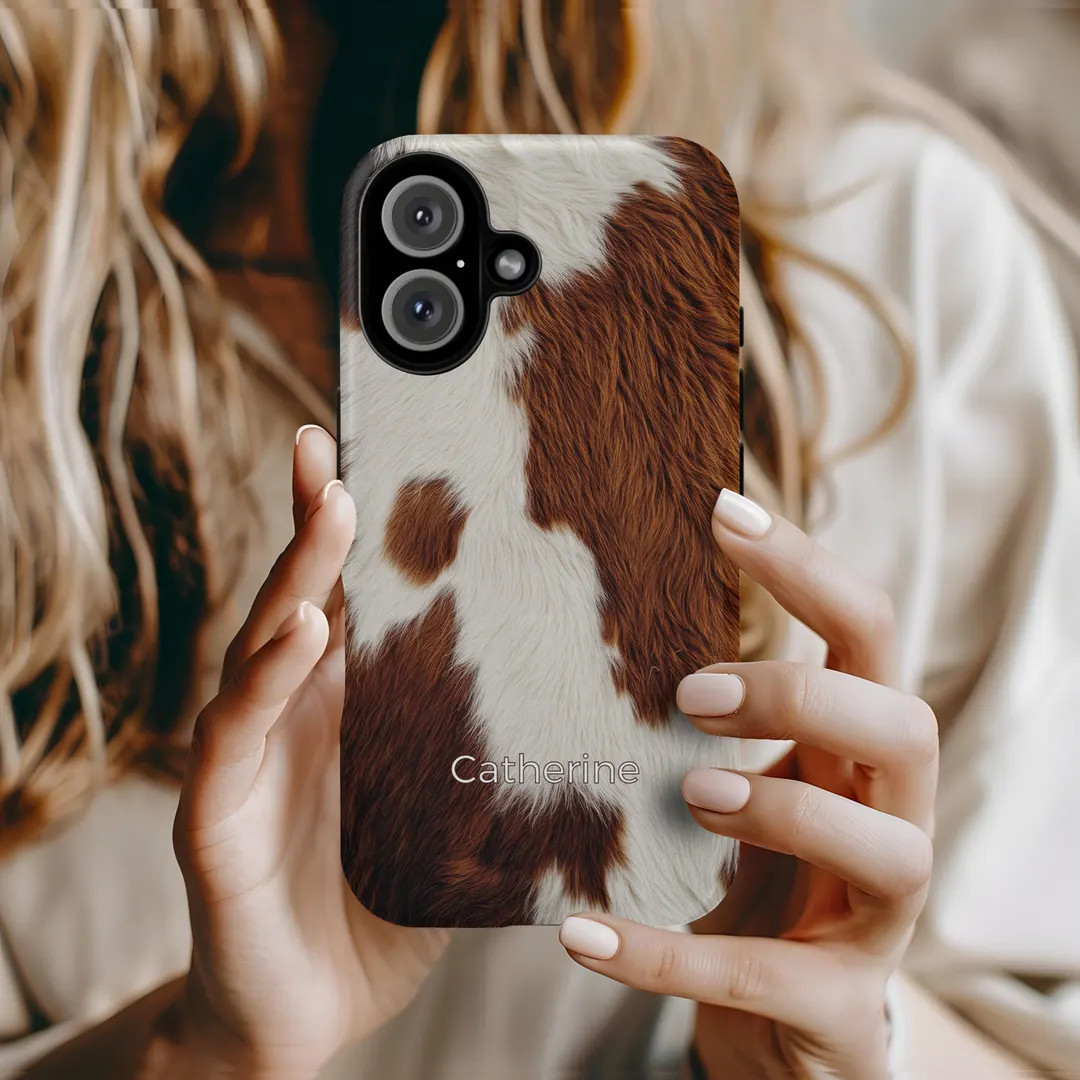 Personalized Cowhide Phone Case Brown White Animal Print iPhone 16 15 14 Samsung S25 Google Pixel... | Etsy (US)