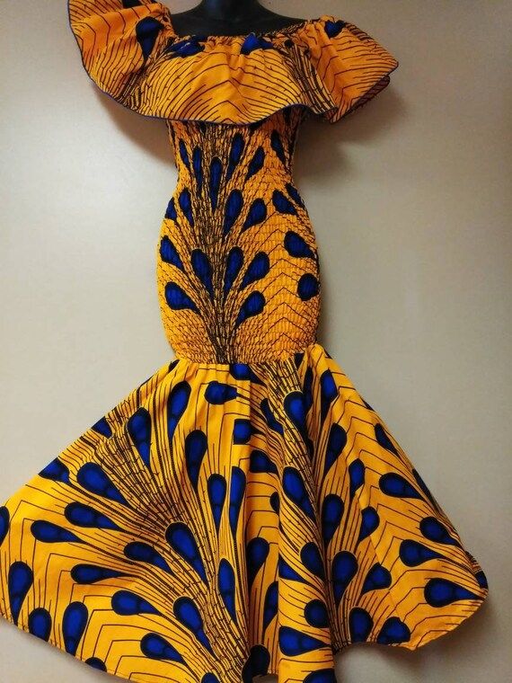 Ama Yellow peacock African dress Elastic Women's ruffle top dress, African mermaid dress, graduation | Etsy (US)