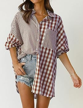 ZESICA Women's Casual Plaid Patchwork Long Sleeve Button Down Oversized Shirt Blouse Top | Amazon (US)