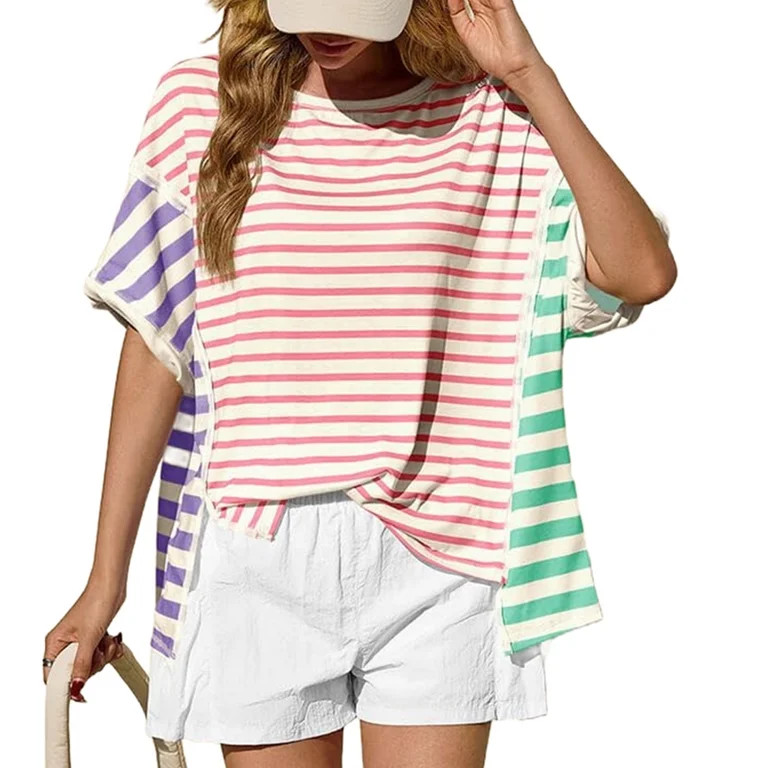 Short Sleeved Colorful Striped Print Women Oversized Loose Shirt Tops | Walmart (US)
