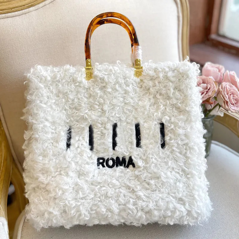 Large Capacity Tote Bags Fur Shopping Bag Wool Handbag Crossbody Bags Black Letters Print Stiff H... | DHGate