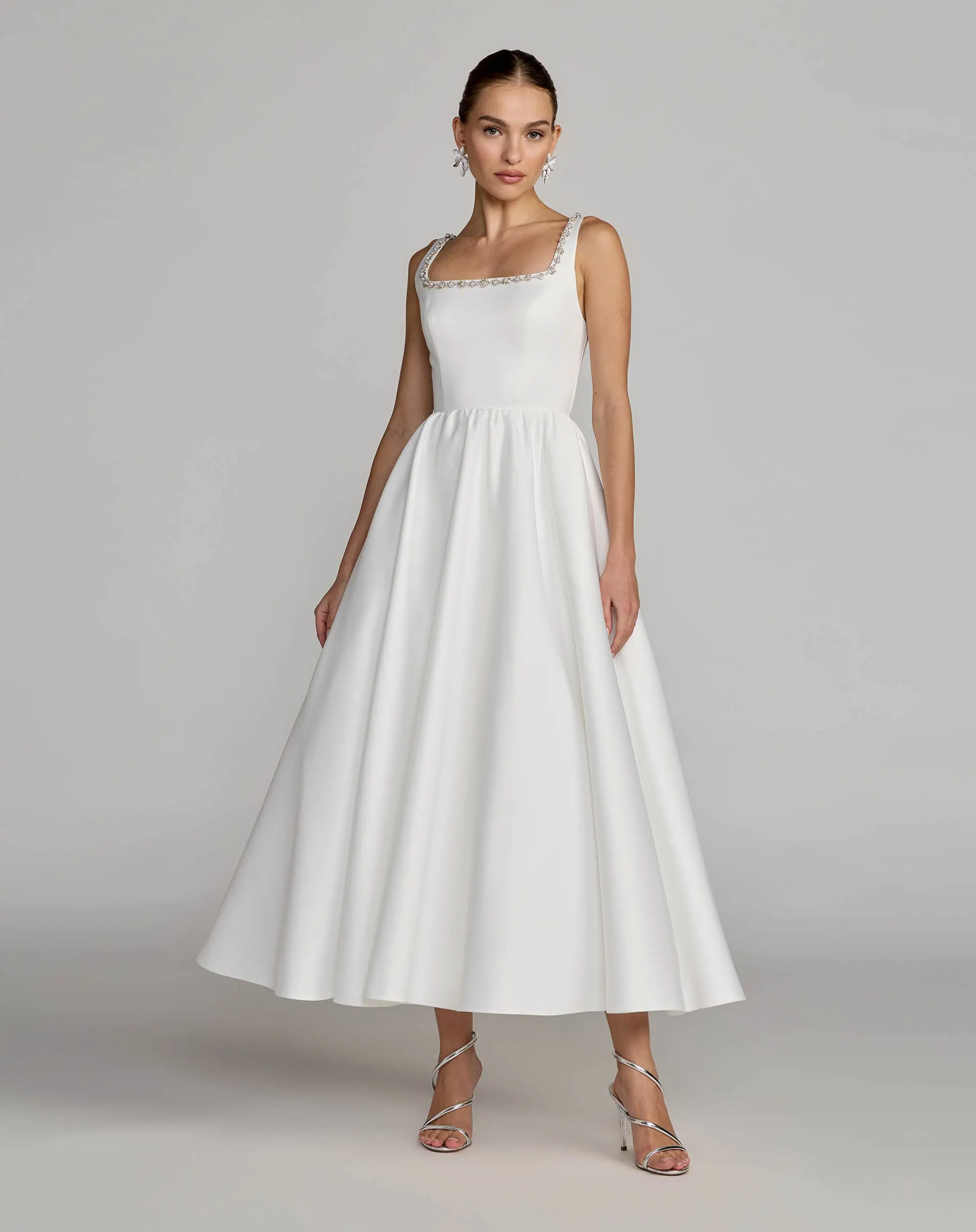 White Embellished Square Neck A-Line Midi Dress | Mac Duggal | Mac Duggal