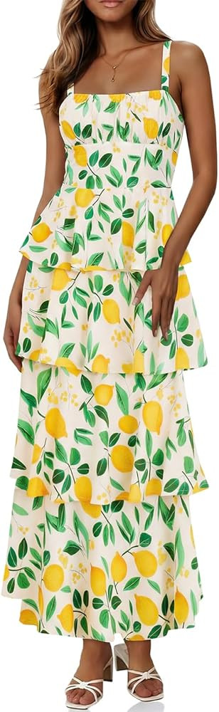 Wenrine Womens Summer Floral Maxi Dresses Sleeveless Spaghetti Strap Tie Back Ruffle Tiered Flowy... | Amazon (US)