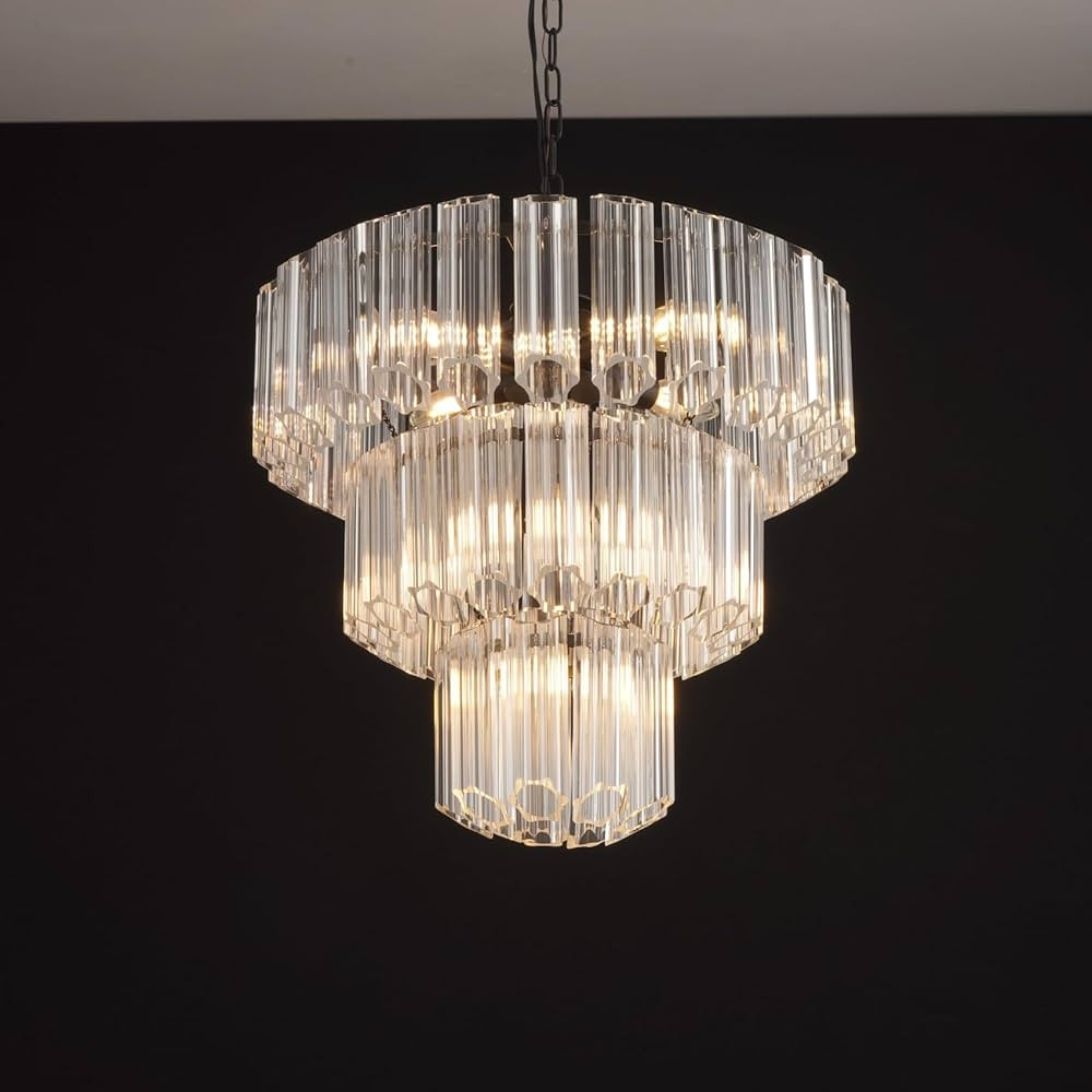 CATINER Black Crystal Chandelier Luxury Round Chandelier Light Fixture 3 Tiers 7-Light Ceiling Pe... | Amazon (US)