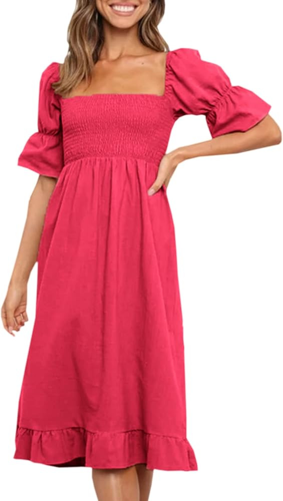 Angashion Women Square Neck Dress Solid Short Puff Sleeve Smocked Waist Knee Length Ruffle Summer Mi | Amazon (US)