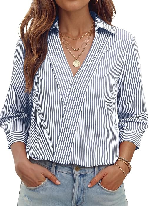Dokotoo 3/4 Length Sleeve Womens Tops V Neck Collared Striped Shirts | Amazon (US)