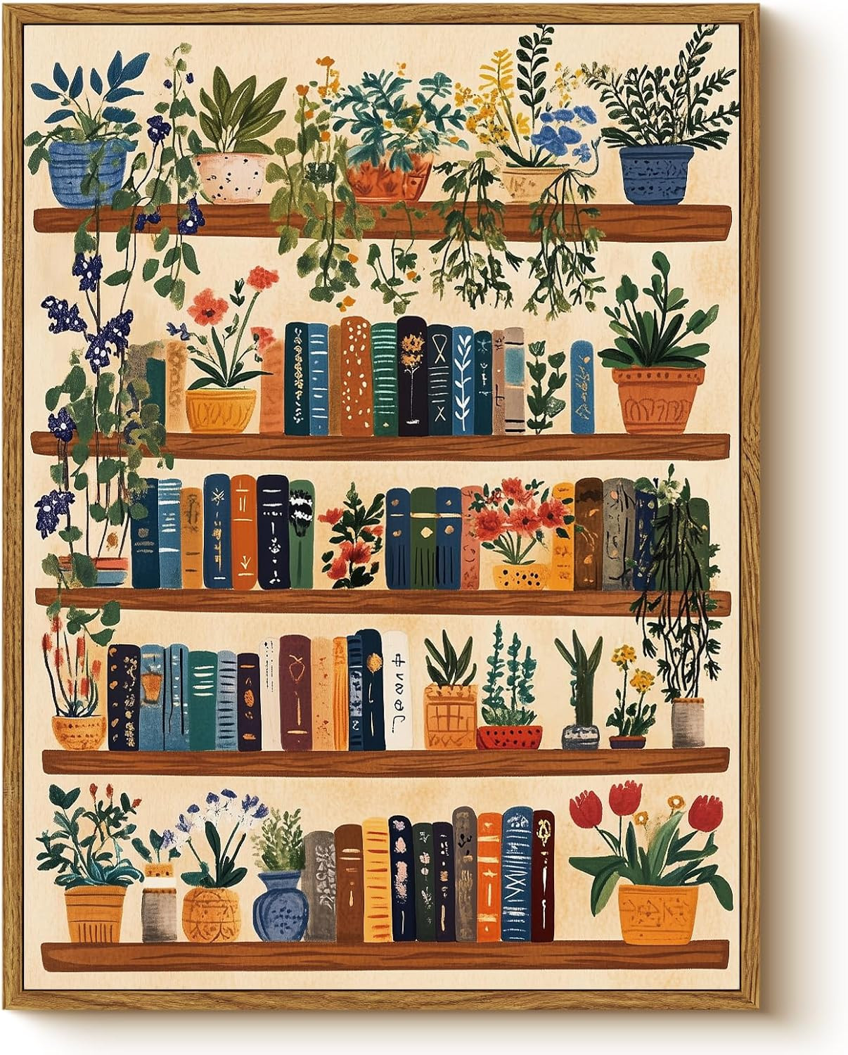 Vintage Botanical Book Shelf Framed Canvas Wall Art, 12x16 Colorful Plants Books Painting, Retro ... | Amazon (US)