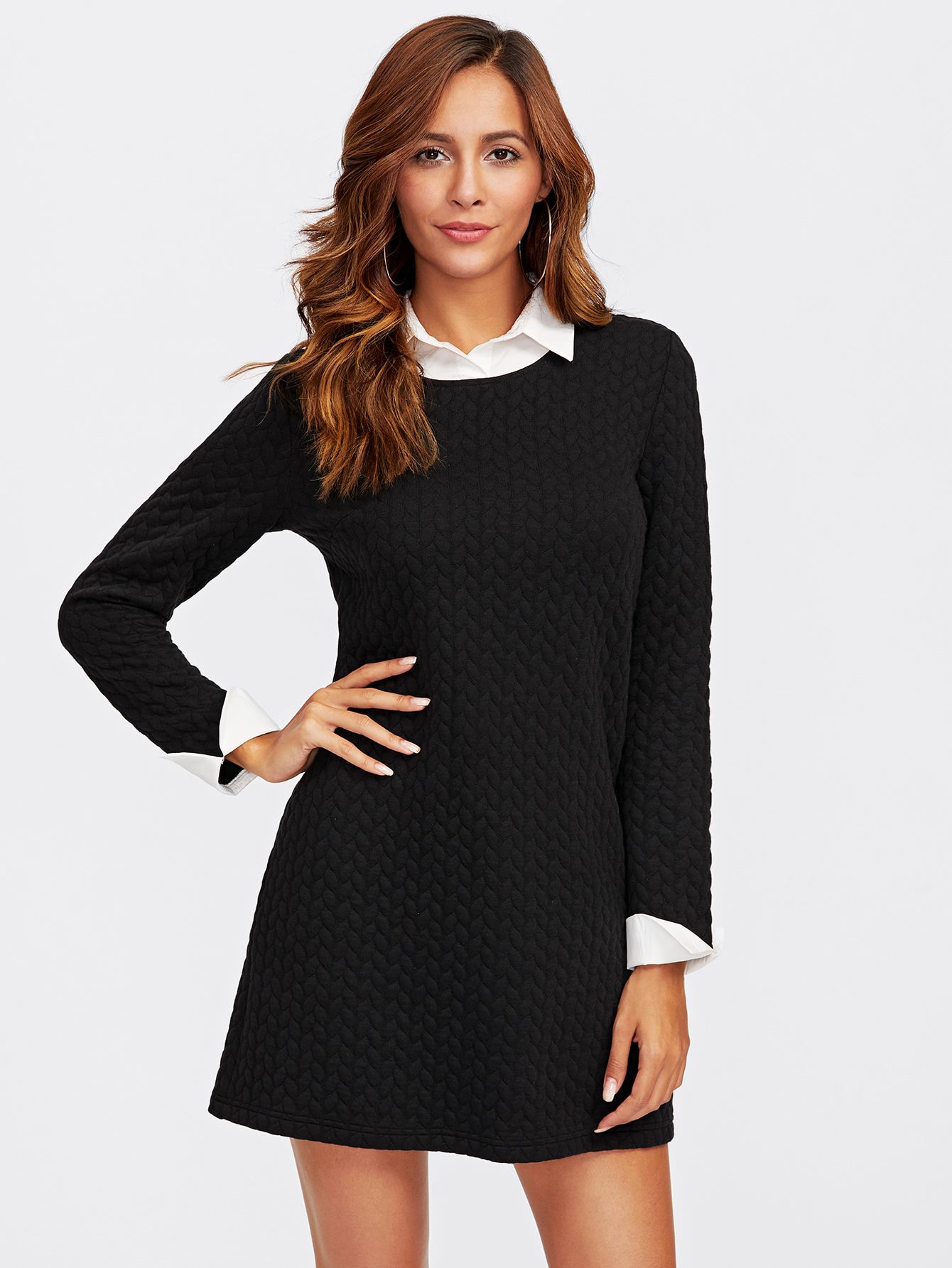 Contrast Collar And Cuff Textured 2 In 1 Dress | SHEIN