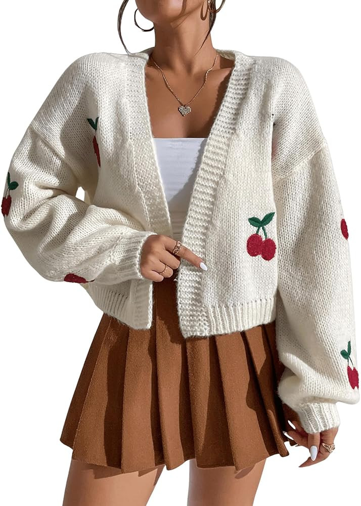 GORGLITTER Women's Graphic Cherry Cardigan Open Front Cable Knit Lantern Sleeve Cropped Cardigan ... | Amazon (US)