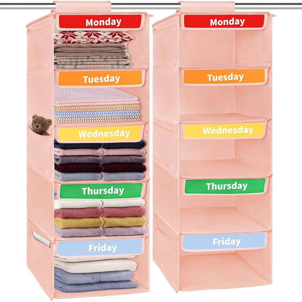 2 Pack Weekly Hanging Closet Organizer for Kids, 5-Shelf Closet Hanging Storage Shelves, Kids Clo... | Amazon (US)