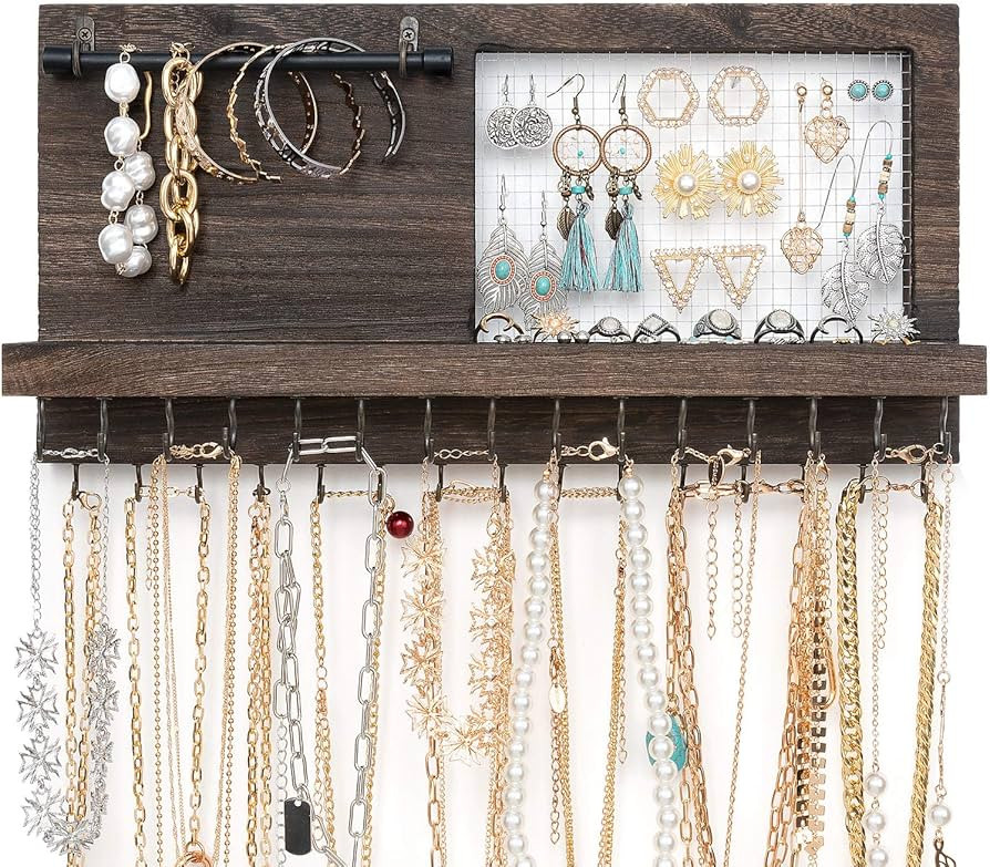 Mkono Wall Mounted Jewelry Organizer Rustic Necklace Holder Earring Display Rack with 30 Hooks an... | Amazon (US)