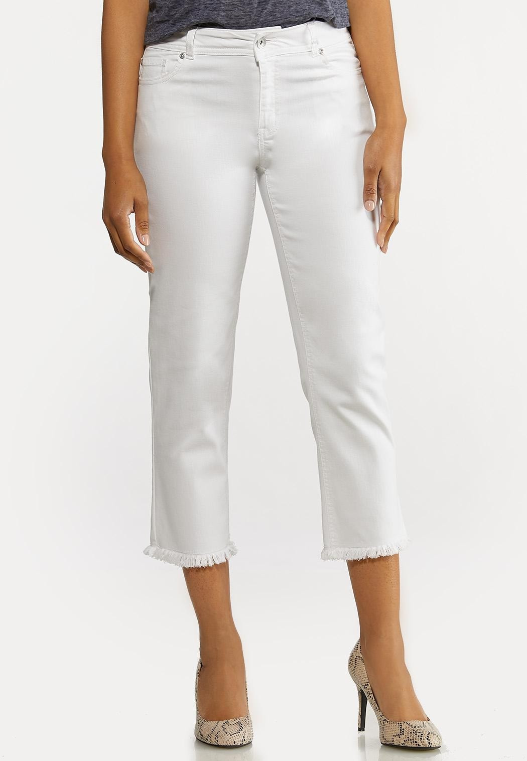 Cropped White Frayed Jeans - White | Cato Fashions