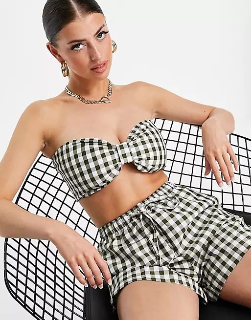 ASOS DESIGN bandeau and short set in khaki gingham | ASOS (Global)