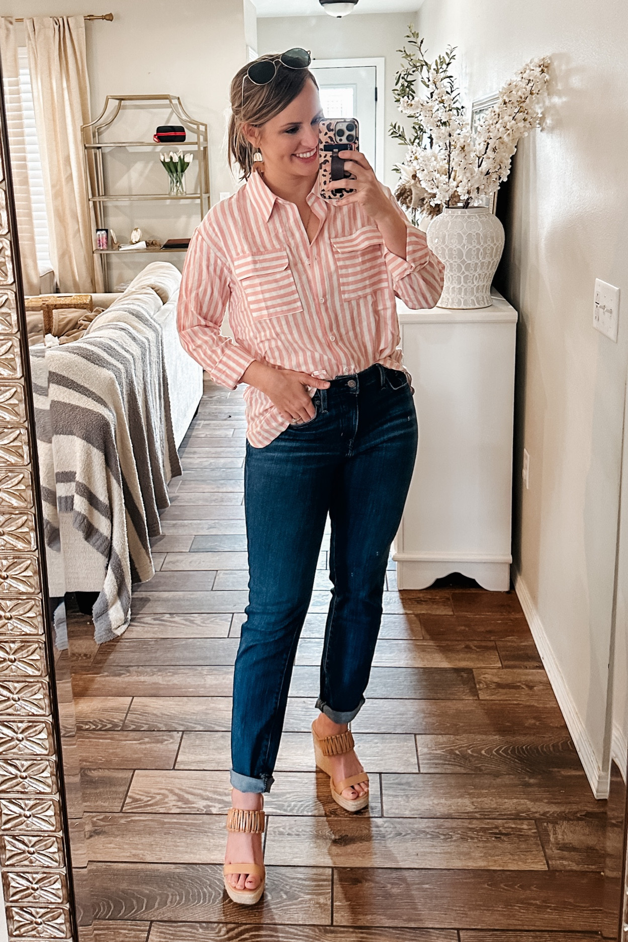 Spring & Summer casual outfit! Amazon fashion finds. Spring tops. Dark wash denim. Nude heels. Wedge sandals. Classic aviator sunglasses. 

Wearing M in striped button down. 28 in high rise slim straight jeans. Normal size in sandal wedges (use code Dorothy20 for 20% off at Pink Lily!) 

#LTKunder50 #LTKFind #LTKSeasonal