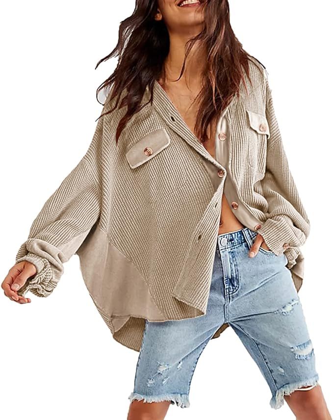 Womens Button Down Shirts Jacket Casual Waffle Knit Long Sleeve Oversized Shacket Tops | Amazon (US)